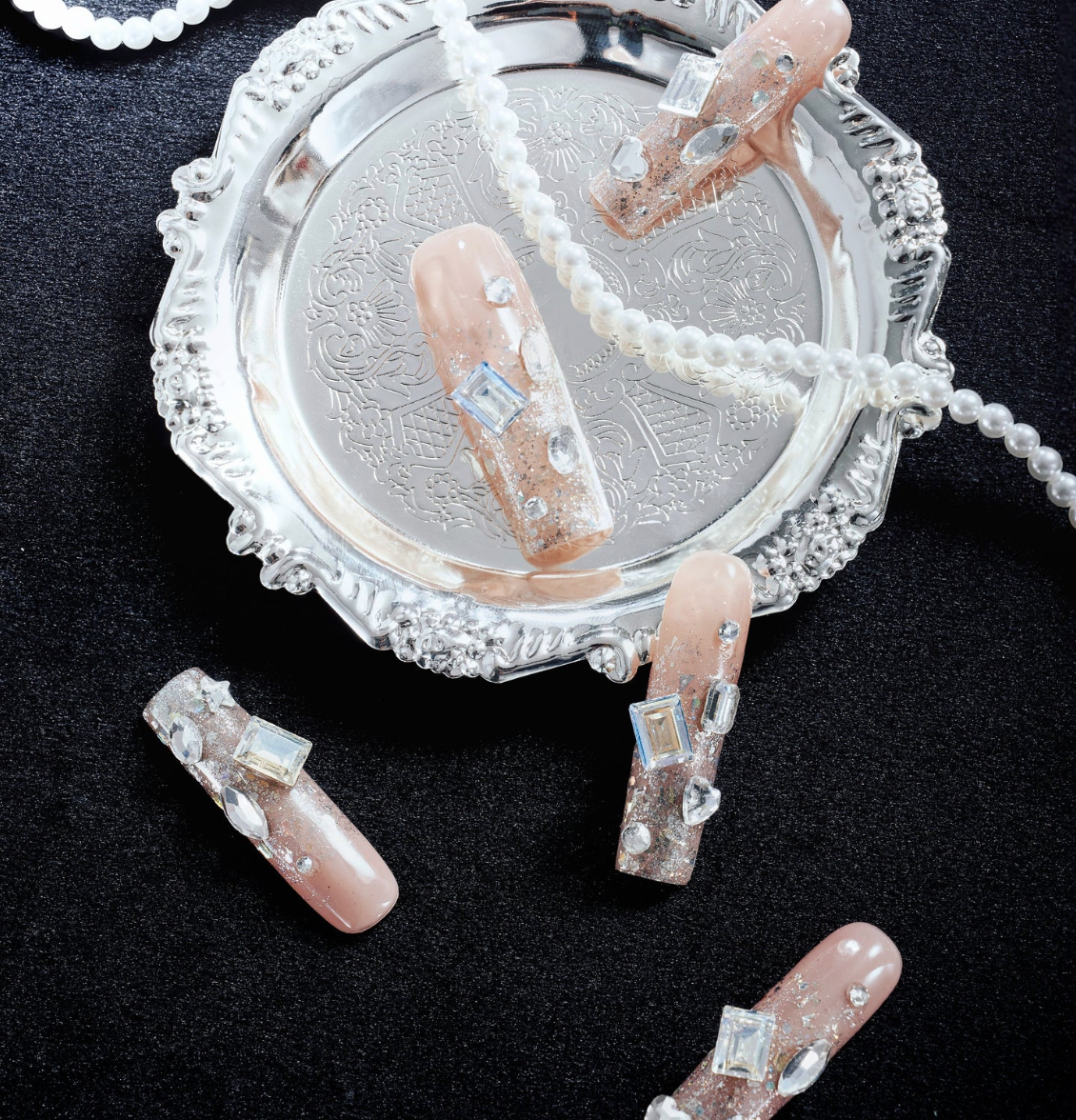 DRESUP Moonlit Melted Crystal Long Pipe Press-On Nails – 12 Pieces