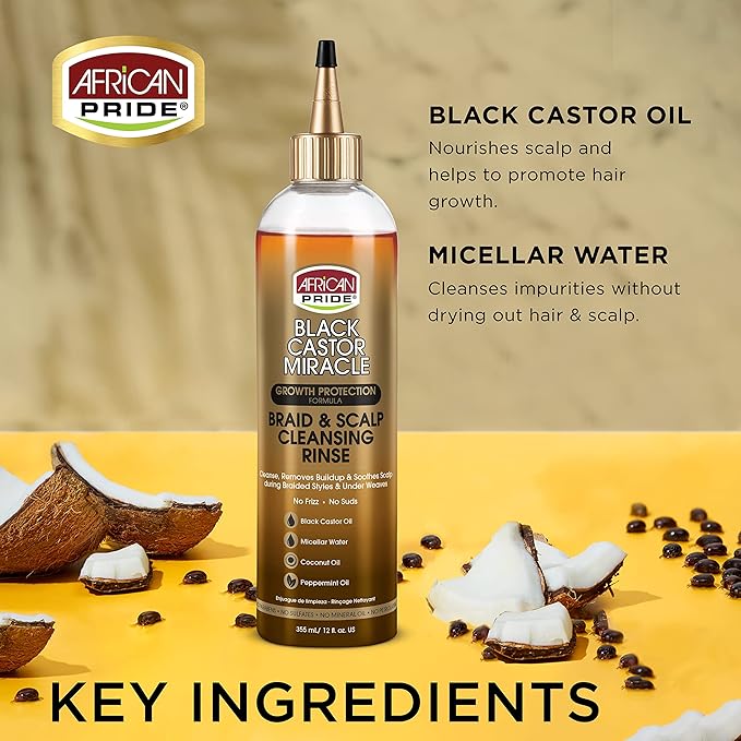 African Pride Black Castor Miracle Braid & Scalp Cleansing Rinse | Micellar Water Formula – Removes Buildup, Soothes Itchy Scalp, & Refreshes Braids Without Frizz – 12 oz - Beauty Exchange Beauty Supply