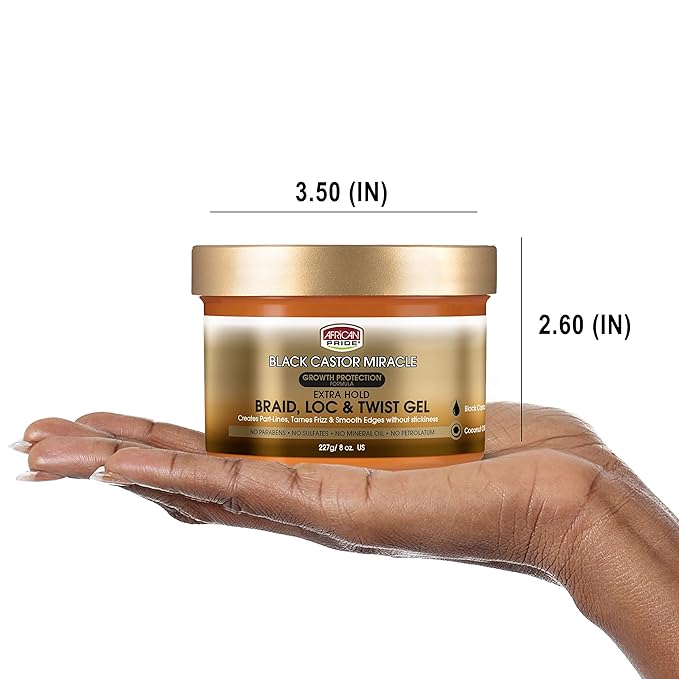 African Pride Black Castor Miracle Extra Hold Braid, Loc & Twist Gel | Tames Frizz, Secures Styles, & Smooths Edges – With Black Castor & Coconut Oil – Free from Parabens, Sulfates & Mineral Oil – 8 oz - Beauty Exchange Beauty Supply