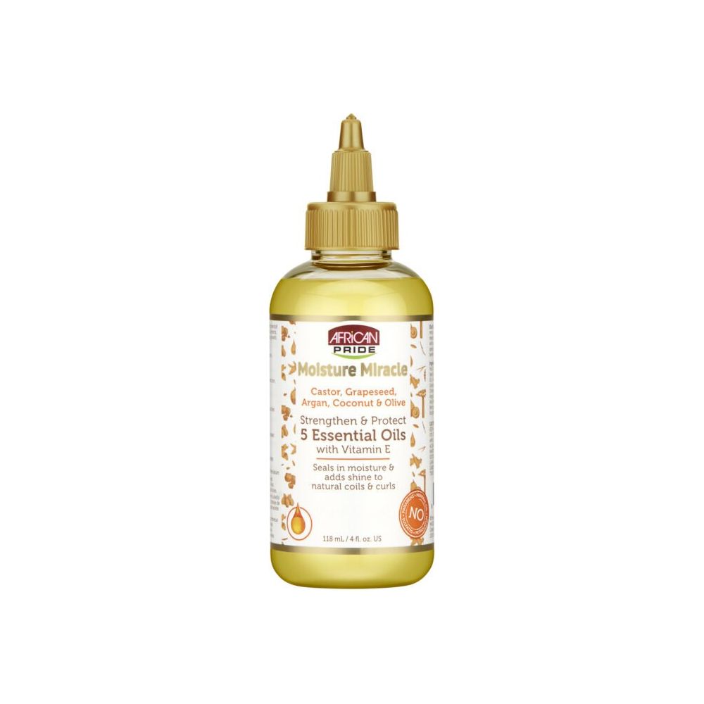 African Pride Moisture Miracle 5 Essential Oils | Castor, Grapeseed, Argan, Coconut & Olive Oil – Strengthens, Seals In Moisture & Adds Natural Shine – 4 oz - Beauty Exchange Beauty Supply