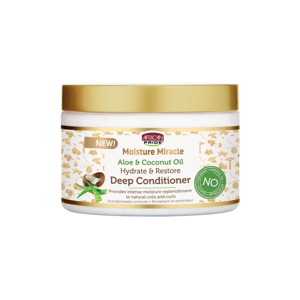 African Pride Moisture Miracle Aloe & Coconut Oil Deep Conditioner | Intense Hydration + Repairing Treatment for Dry, Damaged, or Natural Hair – 12 oz - Beauty Exchange Beauty Supply