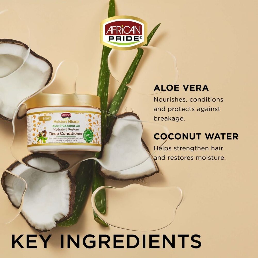 African Pride Moisture Miracle Aloe & Coconut Oil Deep Conditioner | Intense Hydration + Repairing Treatment for Dry, Damaged, or Natural Hair – 12 oz - Beauty Exchange Beauty Supply