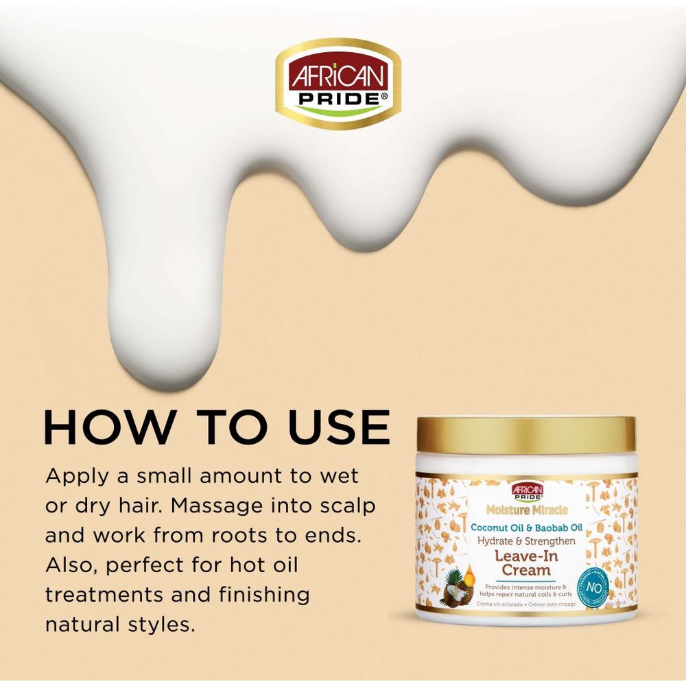 African Pride Moisture Miracle Coconut Oil & Baobab Oil Leave - In Cream | Intense Hydration + Strength for Natural Hair โ Softens, Detangles, and Nourishes โ 15 oz - Beauty Exchange Beauty Supply