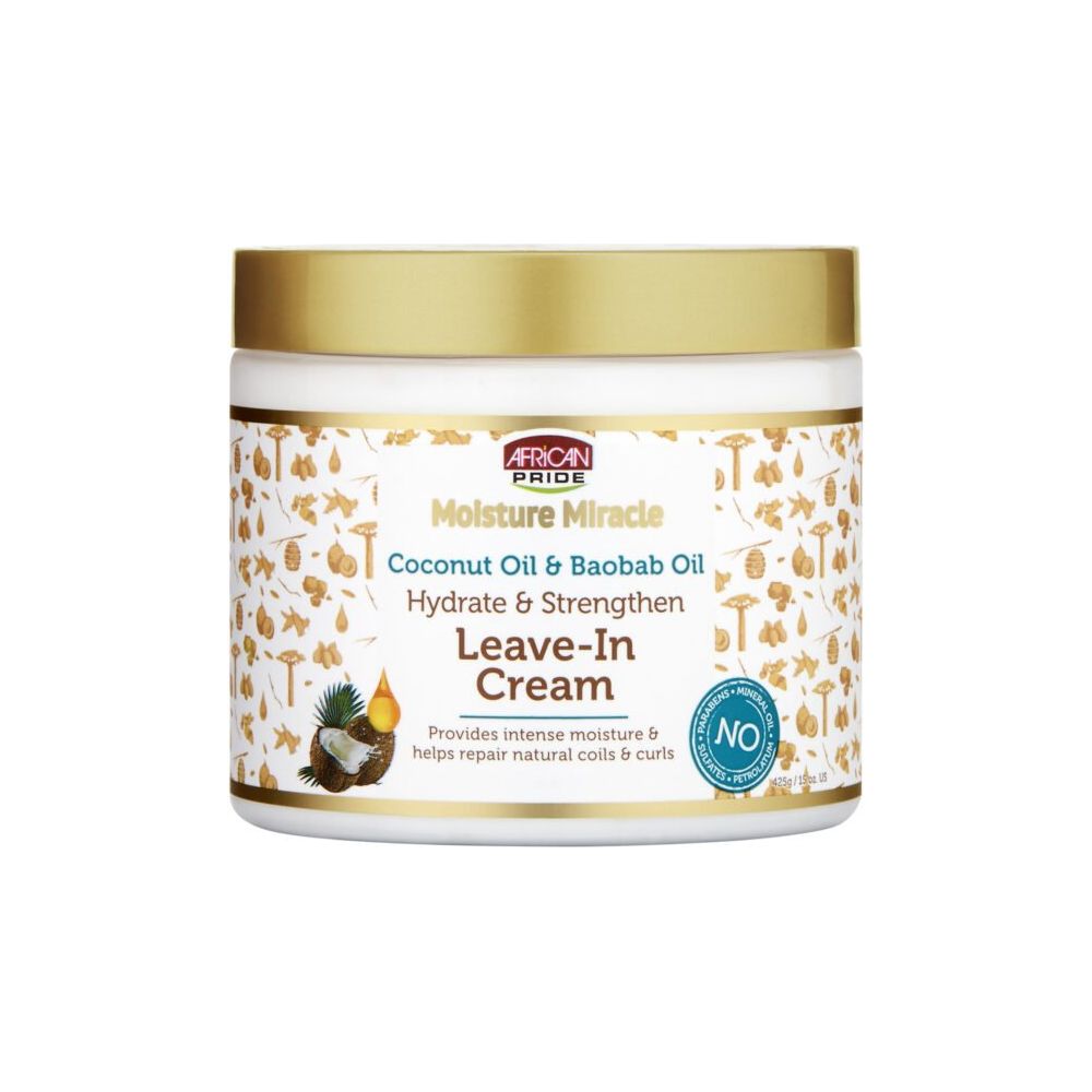 African Pride Moisture Miracle Coconut Oil & Baobab Oil Leave - In Cream | Intense Hydration + Strength for Natural Hair โ Softens, Detangles, and Nourishes โ 15 oz - Beauty Exchange Beauty Supply