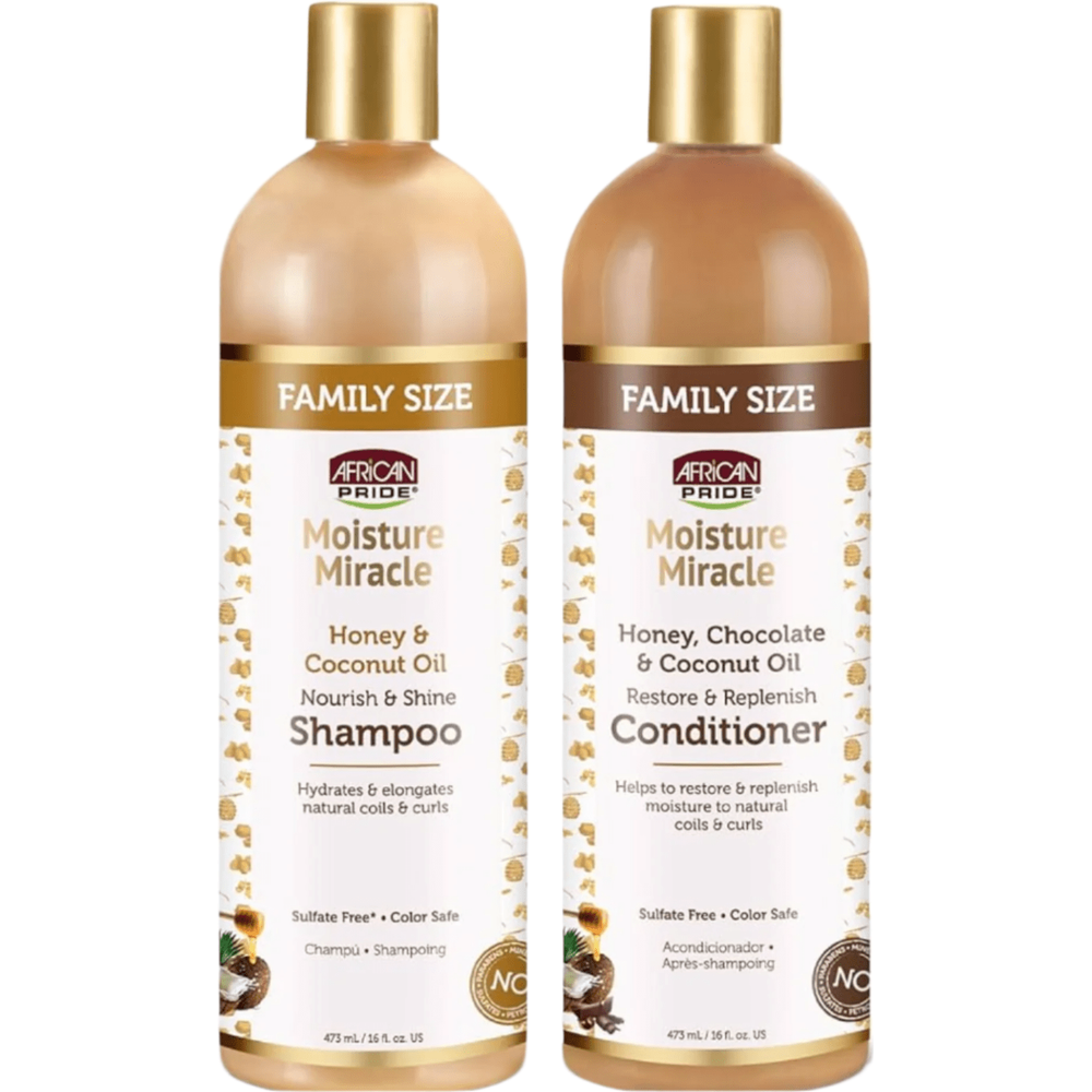 African Pride Moisture Miracle Hydrating Hair Care Duo | (2 Variants) Honey & Coconut Oil Shampoo + Honey, Chocolate & Coconut Oil Conditioner – Nourish, Soften & Restore Natural Hair – 16 oz - Beauty Exchange Beauty Supply