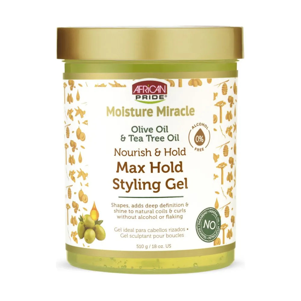 African Pride Moisture Miracle Olive Oil & Tea Tree Oil Max Hold Styling Gel | Long - Lasting Hold, Shine, & Scalp Soothing – 18oz - Beauty Exchange Beauty Supply