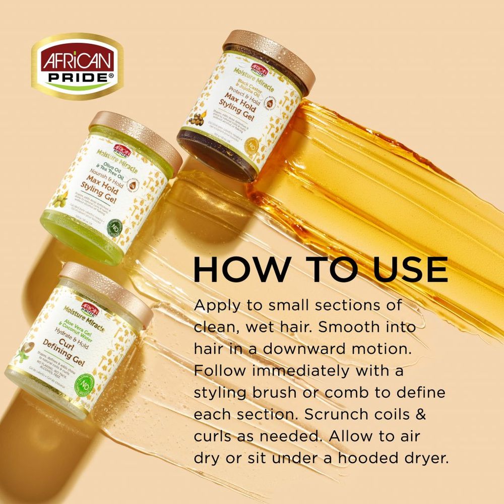 African Pride Moisture Miracle Olive Oil & Tea Tree Oil Max Hold Styling Gel | Long - Lasting Hold, Shine, & Scalp Soothing – 18oz - Beauty Exchange Beauty Supply