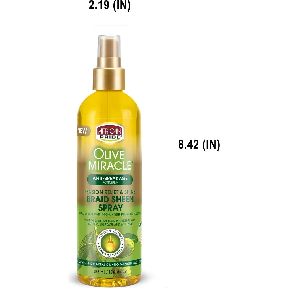 African Pride Olive Miracle Braid Sheen Hair Spray with Tea Tree Oil | Hydration, Shine & Scalp Relief for Braided and Protective Styles – For Women – 12 fl oz - Beauty Exchange Beauty Supply