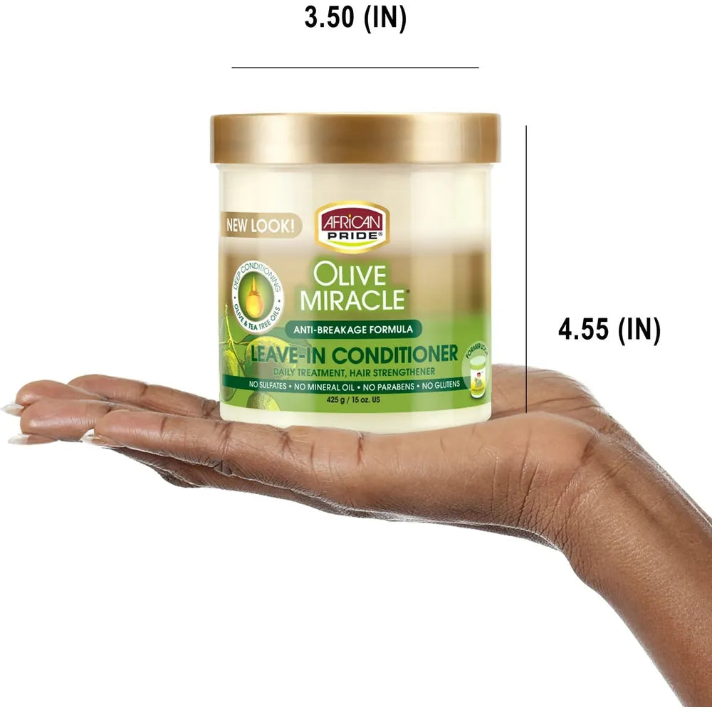 African Pride Olive Miracle Leave - In Conditioner | Moisturizing & Strengthening Formula for Damaged Hair โ Unisex, Daily Use โ 12oz & 15oz - Beauty Exchange Beauty Supply