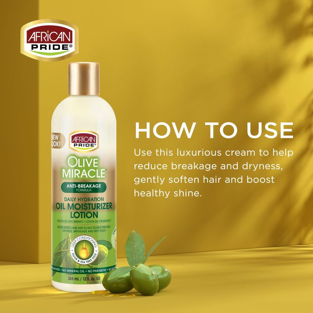 African Pride Olive Miracle Oil Moisturizing Lotion | Daily Moisture & Protection for Dry, Damaged Hair – Nourishing & Strengthening Formula – 12 fl oz - Beauty Exchange Beauty Supply