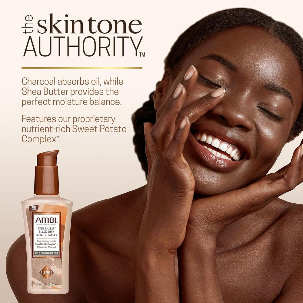 Ambi - Even & Clear | Black Soap Facial Cleanser | Purifying Charcoal | For - Oily & Combination Skin |Sweet Potato Complex | Vitamin A | 3.5Oz - Beauty Exchange Beauty Supply