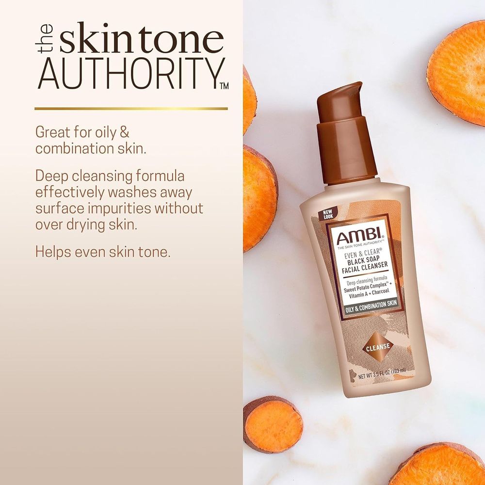 Ambi - Even & Clear | Black Soap Facial Cleanser | Purifying Charcoal | For - Oily & Combination Skin |Sweet Potato Complex | Vitamin A | 3.5Oz - Beauty Exchange Beauty Supply