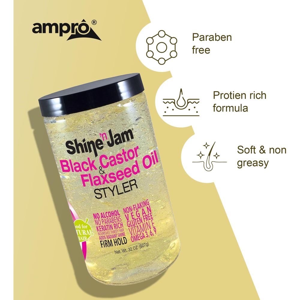 Ampro Shine ‘n Jam Black Castor & Flaxseed Oil Styler – Conditioning Hold & Shine – 8oz / 16oz / 32oz - Beauty Exchange Beauty Supply