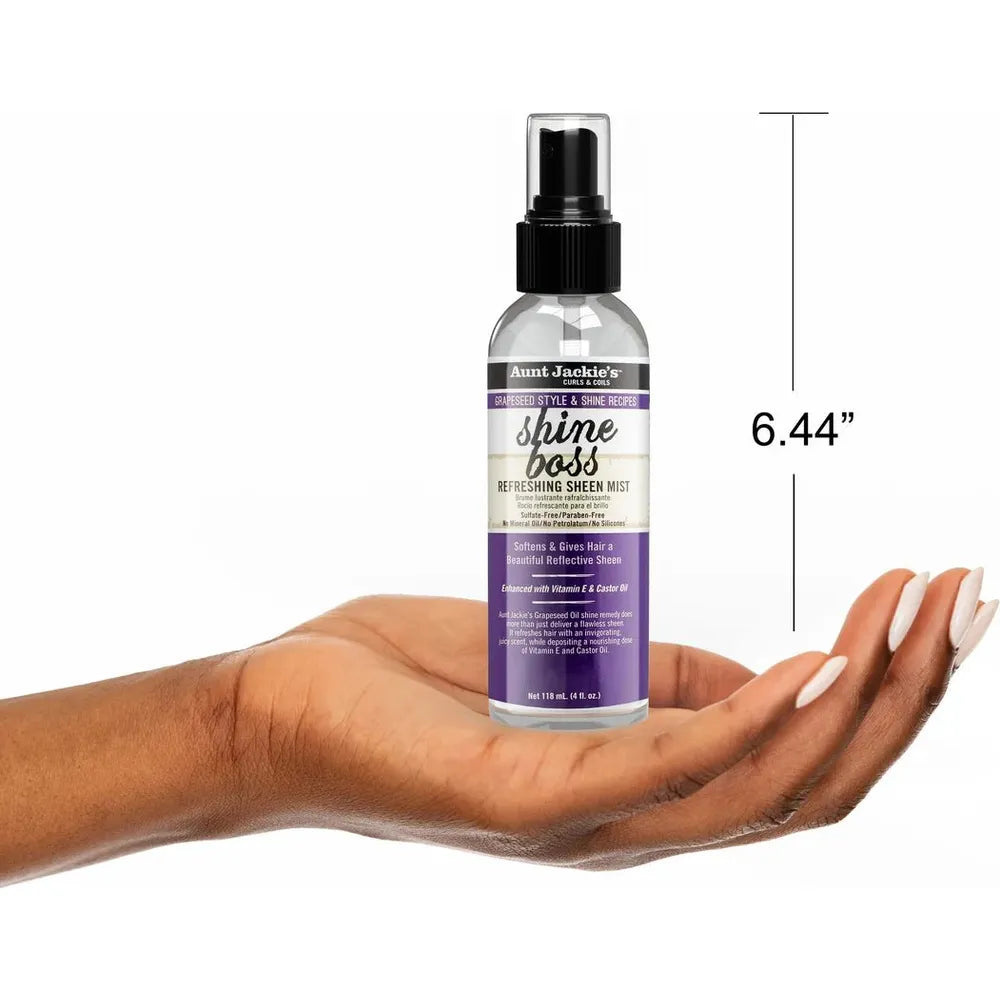 Aunt Jackie’s Curls & Coils Grapeseed Style & Shine Recipes Shine Boss Refreshing Sheen Mist | Shine - Boosting Hair Mist for Moisture, Luster, and All - Day Radiance – 4 oz - Beauty Exchange Beauty Supply