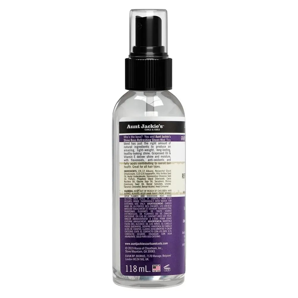 Aunt Jackie’s Curls & Coils Grapeseed Style & Shine Recipes Shine Boss Refreshing Sheen Mist | Shine - Boosting Hair Mist for Moisture, Luster, and All - Day Radiance – 4 oz - Beauty Exchange Beauty Supply