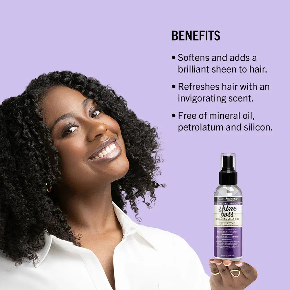 Aunt Jackie’s Curls & Coils Grapeseed Style & Shine Recipes Shine Boss Refreshing Sheen Mist | Shine - Boosting Hair Mist for Moisture, Luster, and All - Day Radiance – 4 oz - Beauty Exchange Beauty Supply