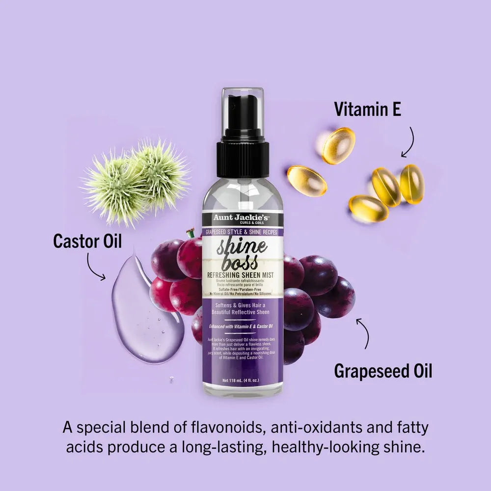 Aunt Jackie’s Curls & Coils Grapeseed Style & Shine Recipes Shine Boss Refreshing Sheen Mist | Shine - Boosting Hair Mist for Moisture, Luster, and All - Day Radiance – 4 oz - Beauty Exchange Beauty Supply