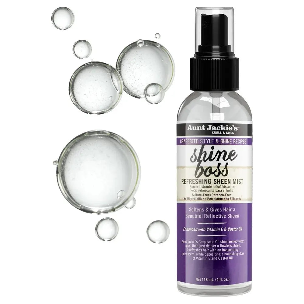Aunt Jackie’s Curls & Coils Grapeseed Style & Shine Recipes Shine Boss Refreshing Sheen Mist | Shine - Boosting Hair Mist for Moisture, Luster, and All - Day Radiance – 4 oz - Beauty Exchange Beauty Supply