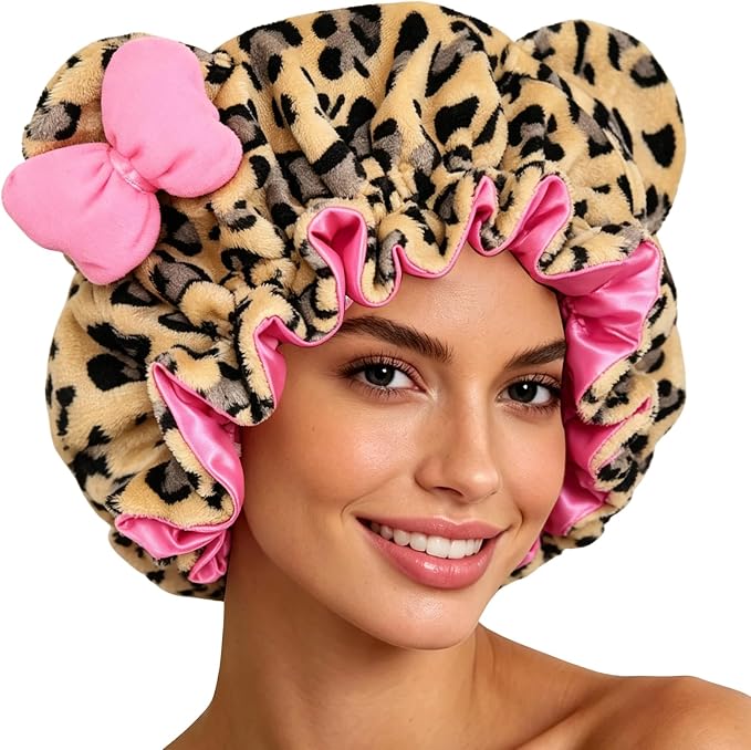 Fuzzy Plush Kitty Bonnet – Animal Print Satin Hair Bonnet