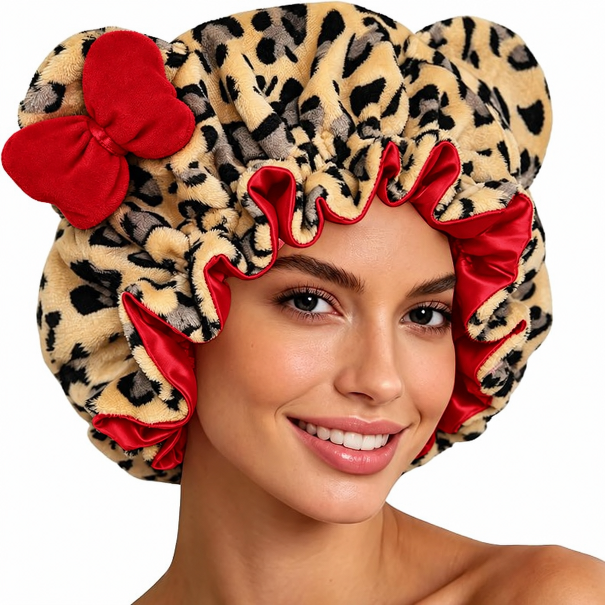 Fuzzy Plush Kitty Bonnet – Animal Print Satin Hair Bonnet