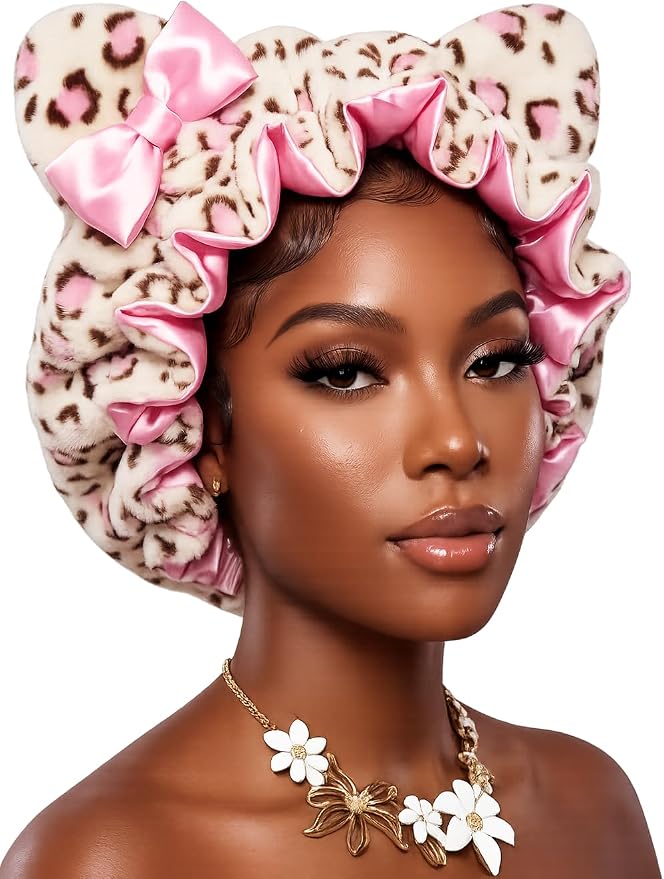 Fuzzy Plush Kitty Bonnet – Animal Print Satin Hair Bonnet