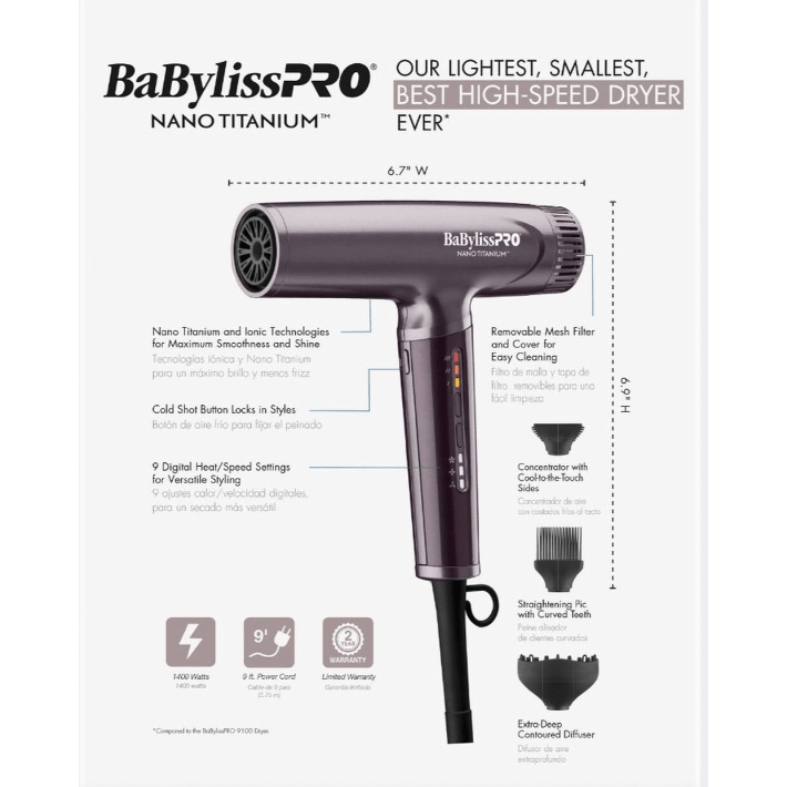BaBylissPRO Nano Titanium 1400W Hair Dryer โ Lightweight Travel Blow Dryer with Ionic Technology - Beauty Exchange Beauty Supply