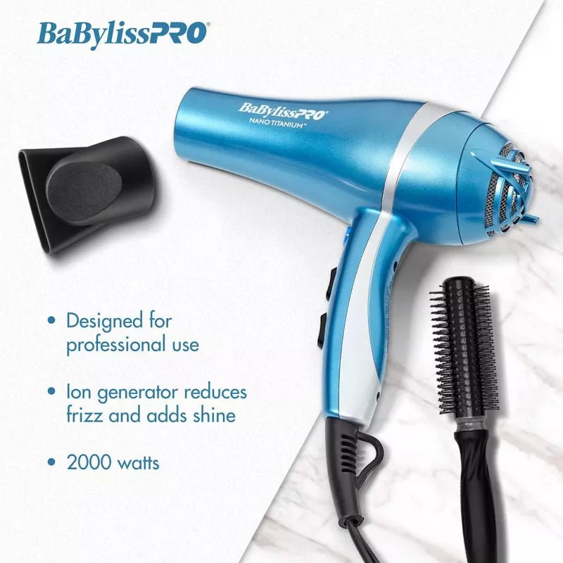 BaBylissPRO Nano Titanium Hair Dryer – Blue – 2000W, Professional Ionic Technology for Fast Drying and Smooth Hair - Beauty Exchange Beauty Supply