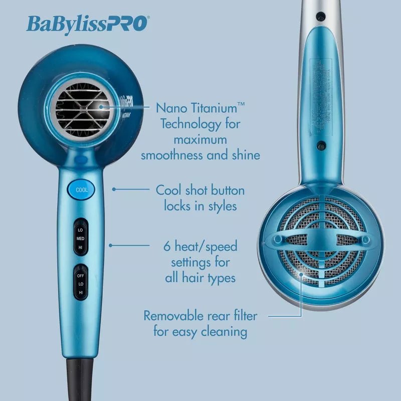 BaBylissPRO Nano Titanium Hair Dryer – Blue – 2000W, Professional Ionic Technology for Fast Drying and Smooth Hair - Beauty Exchange Beauty Supply