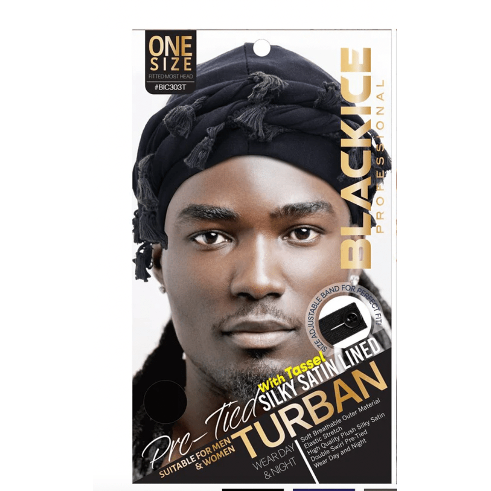 Black Ice Professional Pre - Tied Silky Satin Lined Turban – Effortless Style & Hair Protection - Beauty Exchange Beauty Supply