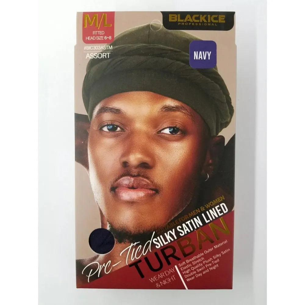 Black Ice Professional Pre - Tied Silky Satin Lined Turban XL – Extra Comfort & Hair Protection | Black, Navy, Khaki - Beauty Exchange Beauty Supply