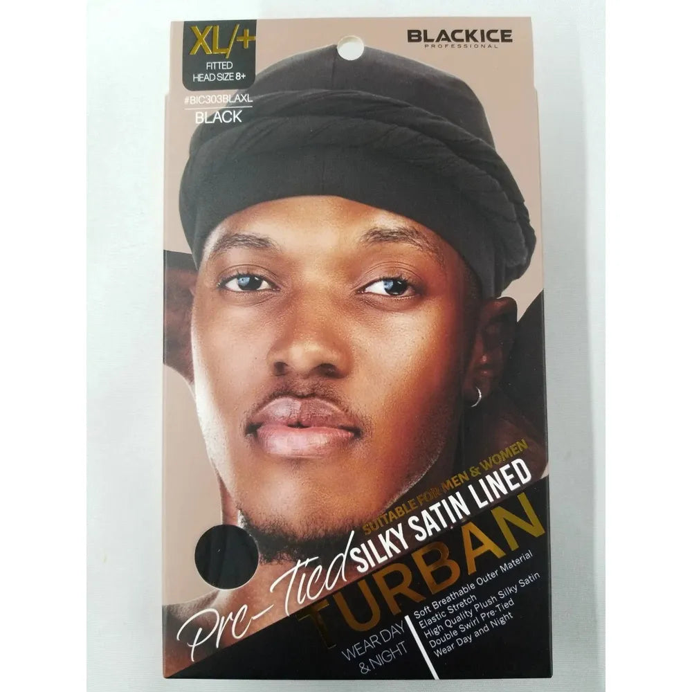 Black Ice Professional Pre - Tied Silky Satin Lined Turban XL – Extra Comfort & Hair Protection | Black, Navy, Khaki - Beauty Exchange Beauty Supply