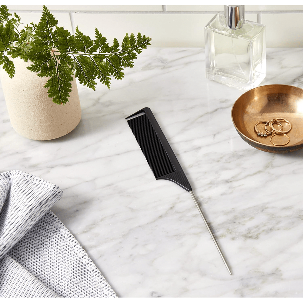 Carbon Fiber - Rat Tail Comb | Plastic | Carbon Fiber | Metal End For Styling | Accurate Parting | Heat Resistant | Comfy Grip | Durable | Sleek Look | Detangling | Portable | - Beauty Exchange Beauty Supply