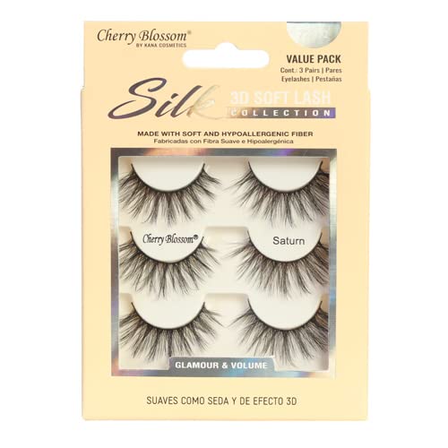 Cherry Blossom Silk 3D Soft Eyelashes – 3 Pairs | Glamour & Volume with Featherlight Comfort | Styles 01 Earth, 12 Saturn, 13 Neptune, 32 Sedna, 33 Orcus (Packaging May Vary) - Beauty Exchange Beauty Supply