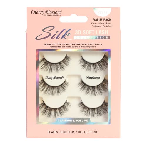 Cherry Blossom Silk 3D Soft Eyelashes – 3 Pairs | Glamour & Volume with Featherlight Comfort | Styles 01 Earth, 12 Saturn, 13 Neptune, 32 Sedna, 33 Orcus (Packaging May Vary) - Beauty Exchange Beauty Supply