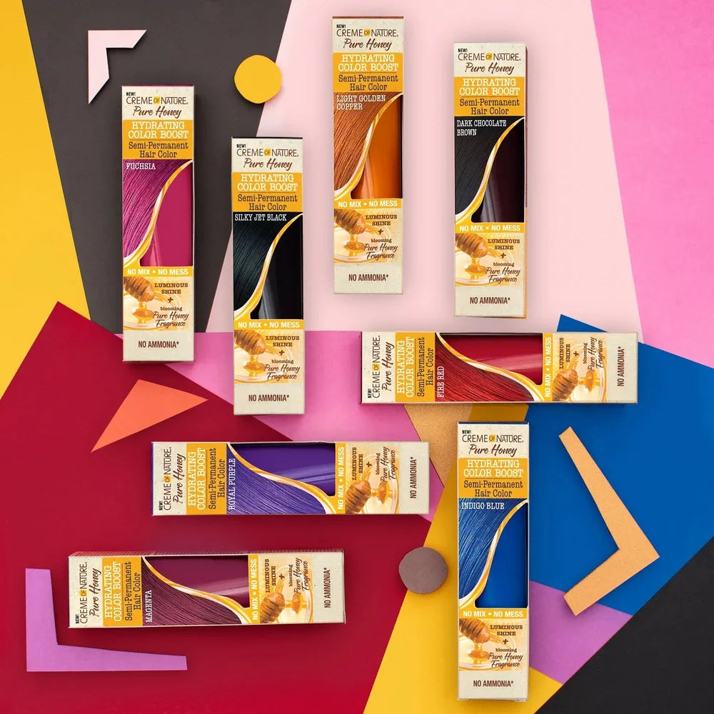 Creme of Nature Pure Honey Hydrating Color Boost – Semi - Permanent Hair Color – 3 oz, Unisex (Royal Purple, Magenta, Fuchsia, Light Golden Copper, Indigo Blue) - Beauty Exchange Beauty Supply