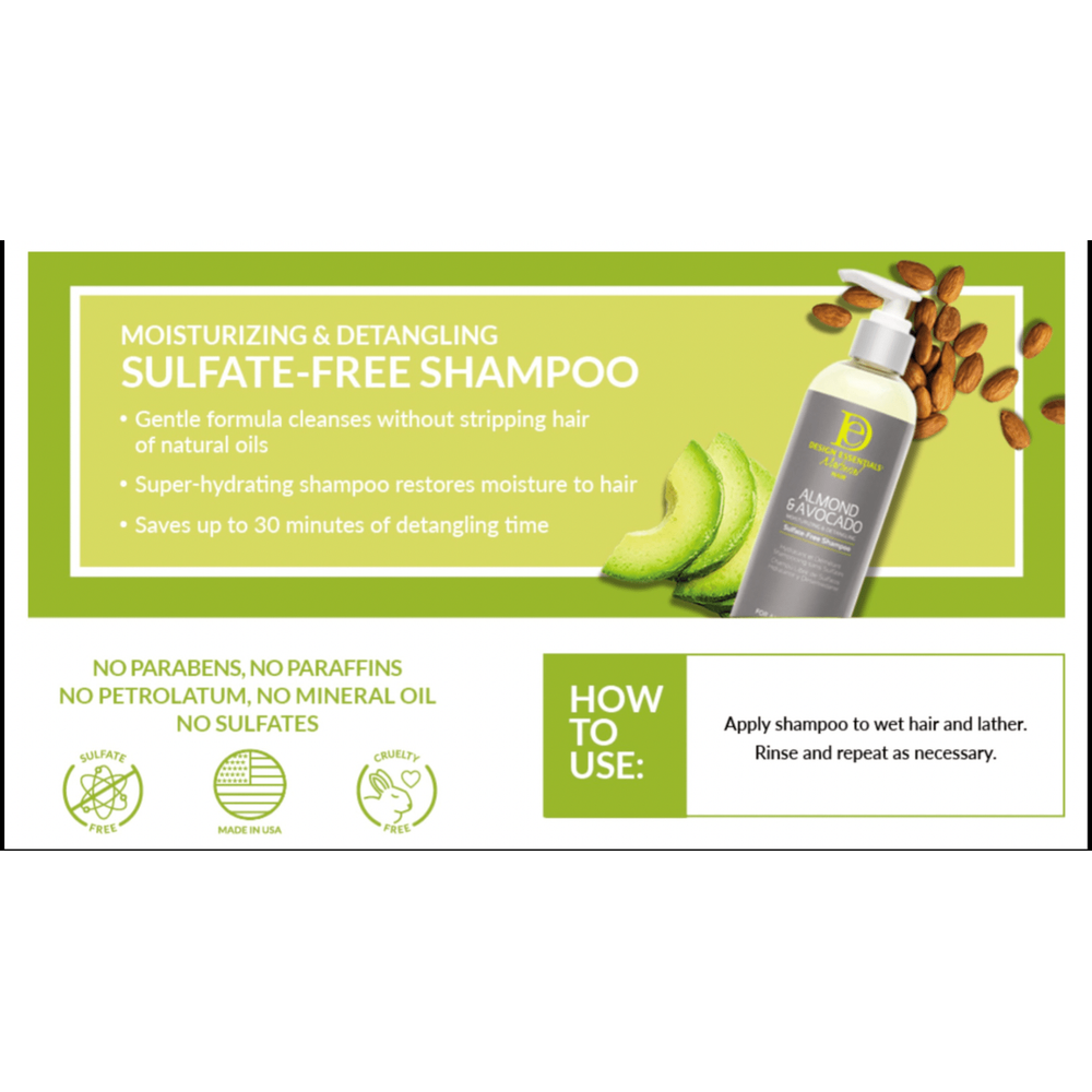 Design Essentials Natural Almond & Avocado Sulfate - Free Shampoo 34 oz โ Moisturizing Cleanse for Curly, Coily & Textured Hair - Beauty Exchange Beauty Supply