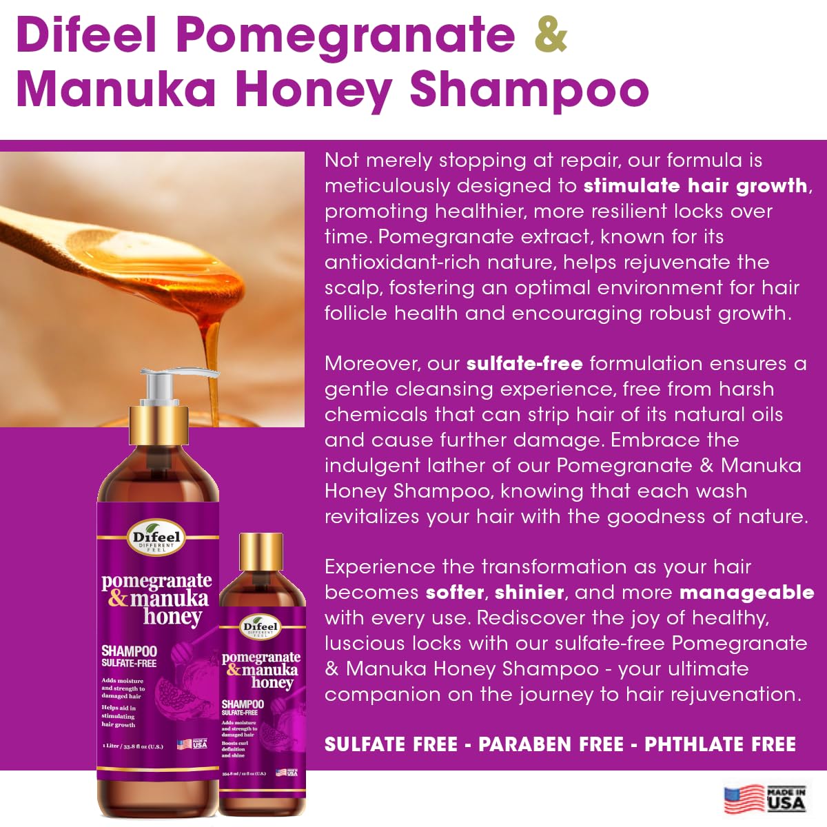Difeel Pomegranate & Manuka Honey Sulfate - Free Shampoo –12 oz - Beauty Exchange Beauty Supply