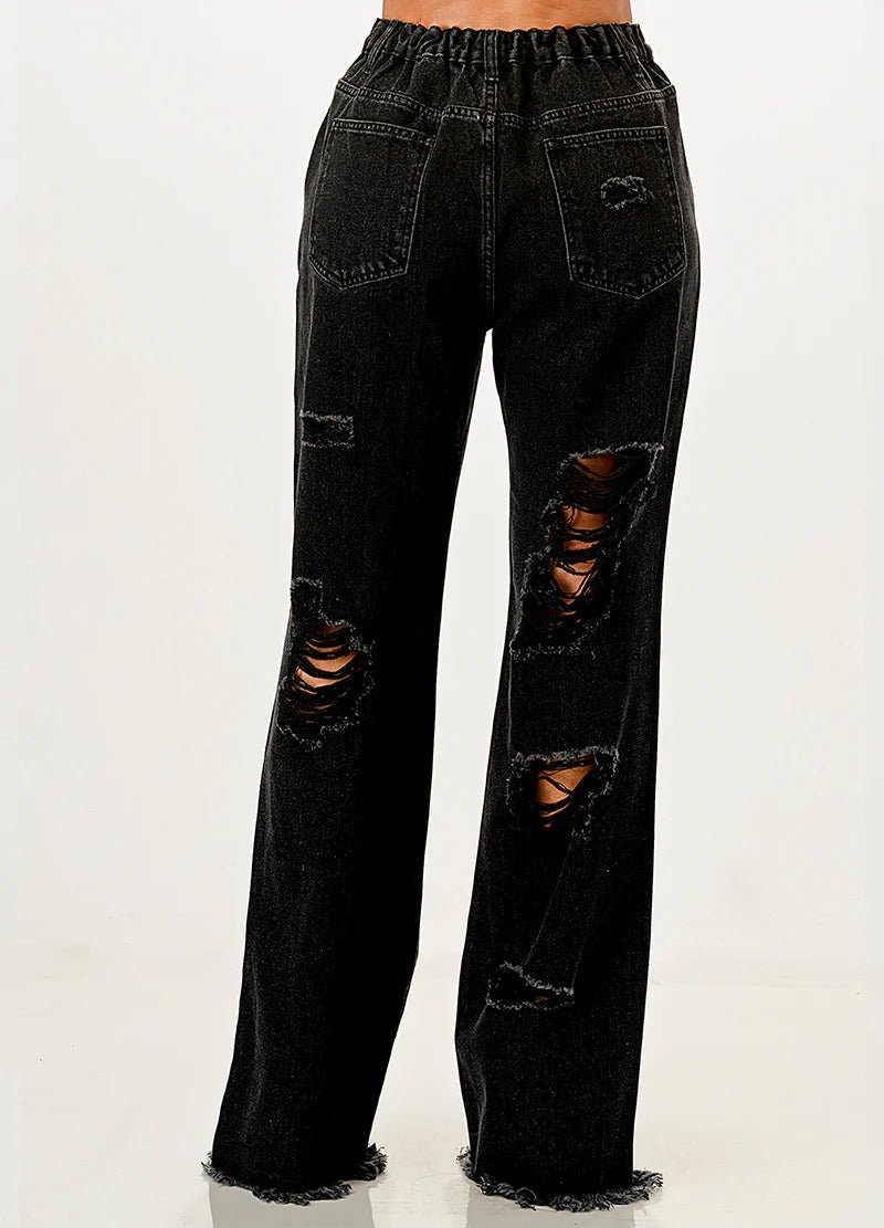 DODO Destroyed Wide Leg Denim Pants - Beauty Exchange Beauty Supply