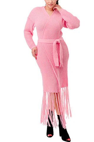 DODO Knit Fringe Long Cardigan with Belt - Beauty Exchange Beauty Supply