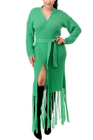 DODO Knit Fringe Long Cardigan with Belt - Beauty Exchange Beauty Supply