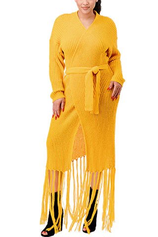 DODO Knit Fringe Long Cardigan with Belt - Beauty Exchange Beauty Supply