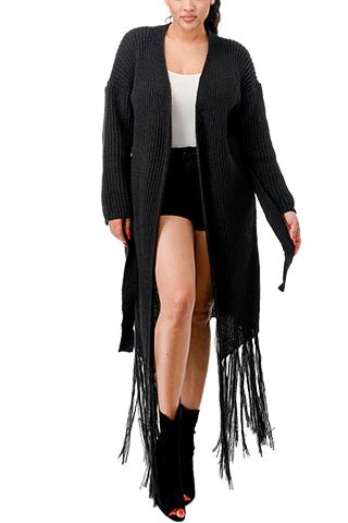 DODO Knit Fringe Long Cardigan with Belt - Beauty Exchange Beauty Supply