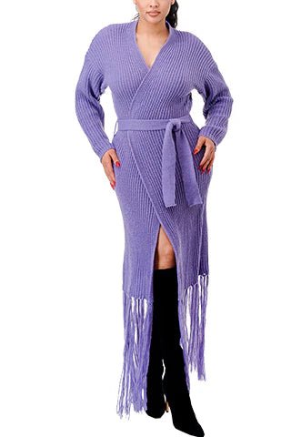 DODO Knit Fringe Long Cardigan with Belt - Beauty Exchange Beauty Supply