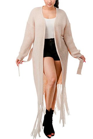 DODO Knit Fringe Long Cardigan with Belt - Beauty Exchange Beauty Supply