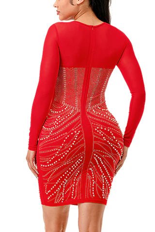 DODO Long Sleeve Waist Feather Rhinestone Dress - Beauty Exchange Beauty Supply