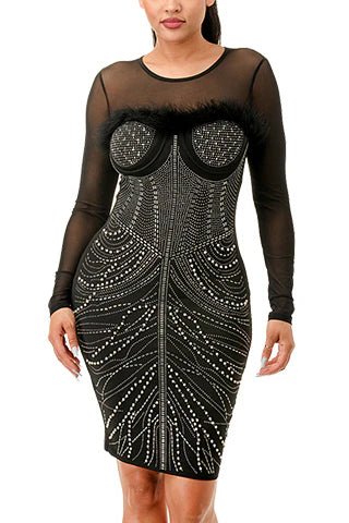 DODO Long Sleeve Waist Feather Rhinestone Dress - Beauty Exchange Beauty Supply