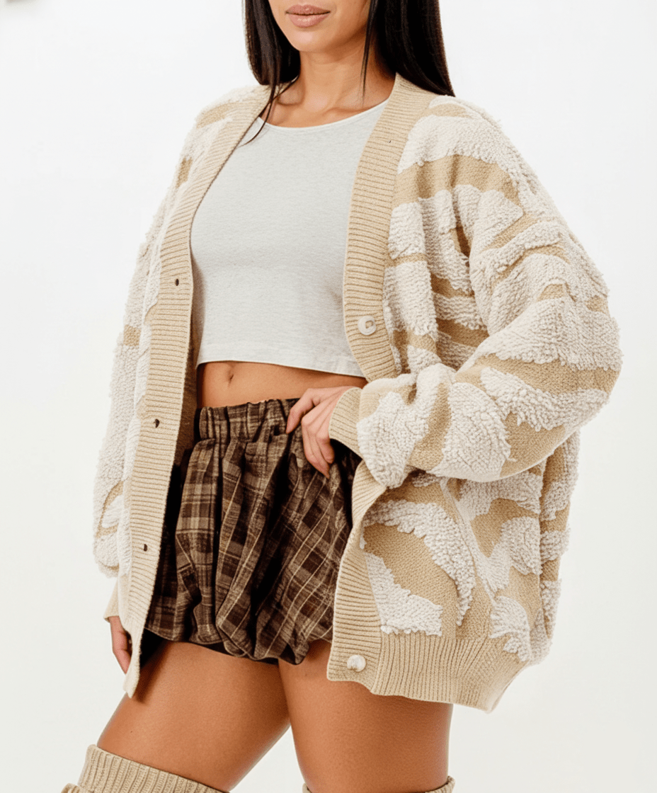 DODO Two - Tone Embossed Cardigan Sweater - Beauty Exchange Beauty Supply