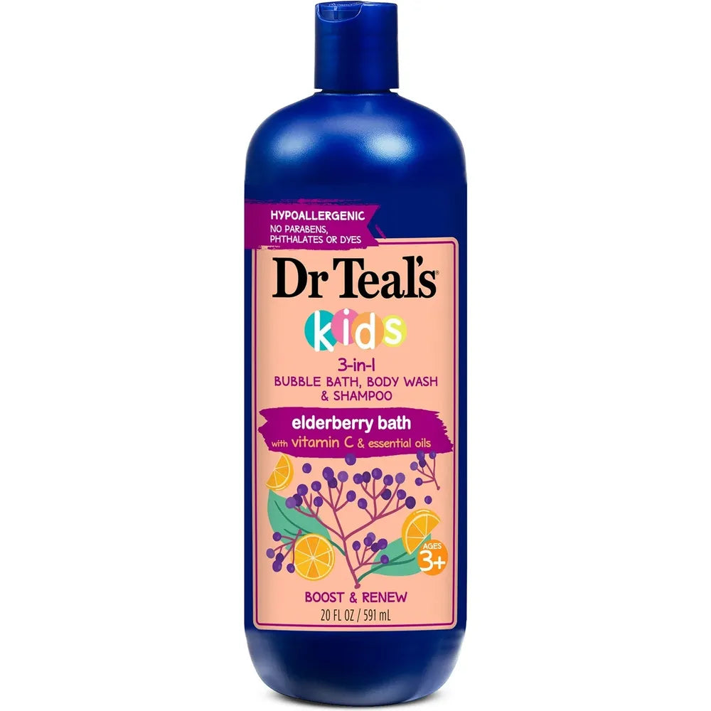 Dr Teal's Kids 3 - in - 1 Bubble Bath, Body Wash & Shampoo – Boost & Renew Elderberry with Vitamin C, 20 fl oz - Beauty Exchange Beauty Supply