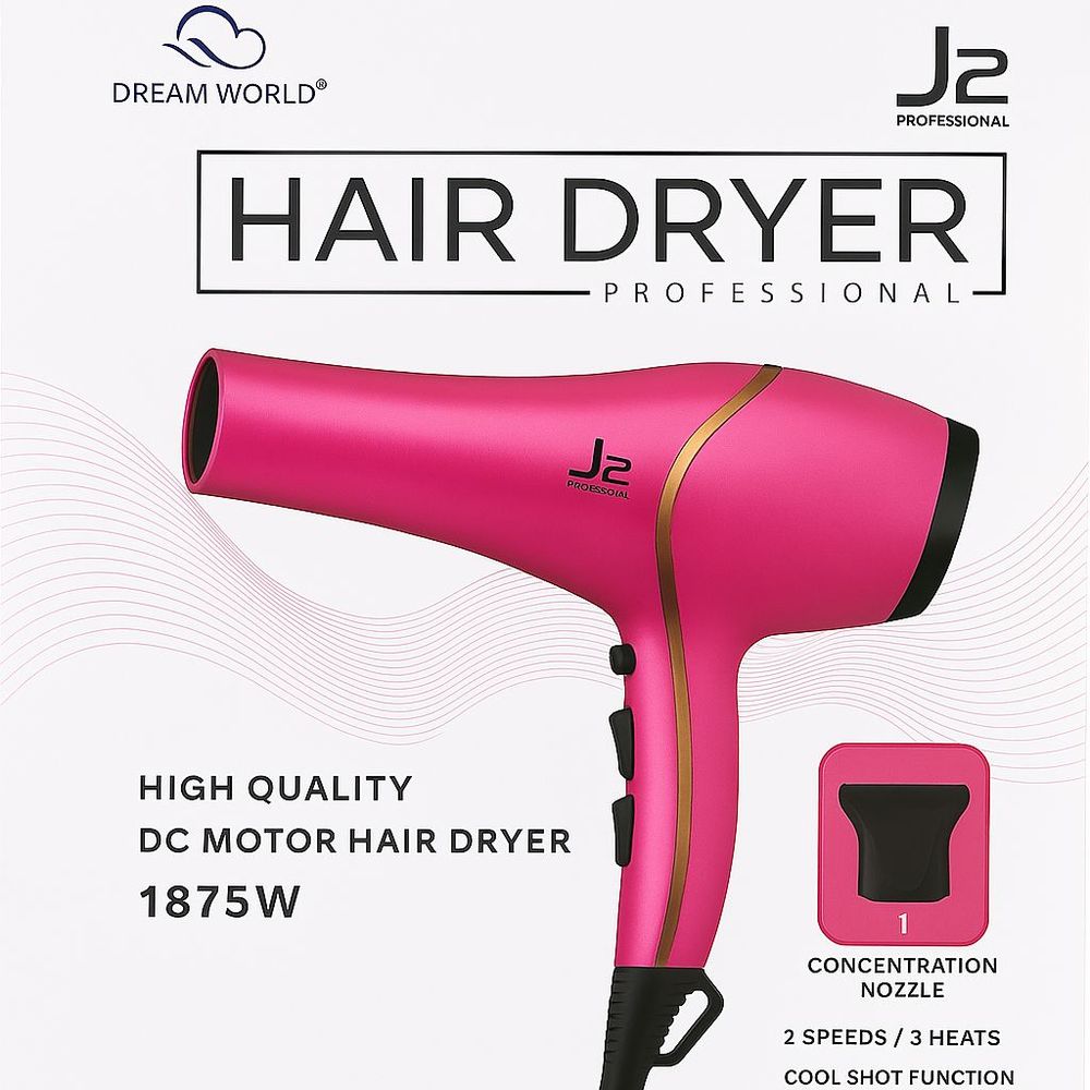 Dream World Professional Hair Dryer | 3 Variants - Available in White, Black, and Hot Pink | – 1875W DC Motor, 1 Concentrator Nozzle, 2 Speeds, 3 Heat Settings & Cool Shot Function - Beauty Exchange Beauty Supply