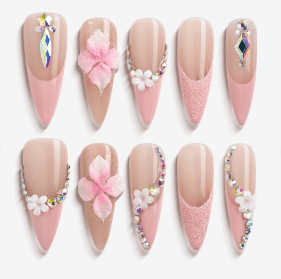 DRESUP Blooming Silver Medium Almond Stiletto Press-On Nails – 12 Pieces - Beauty Exchange Beauty Supply